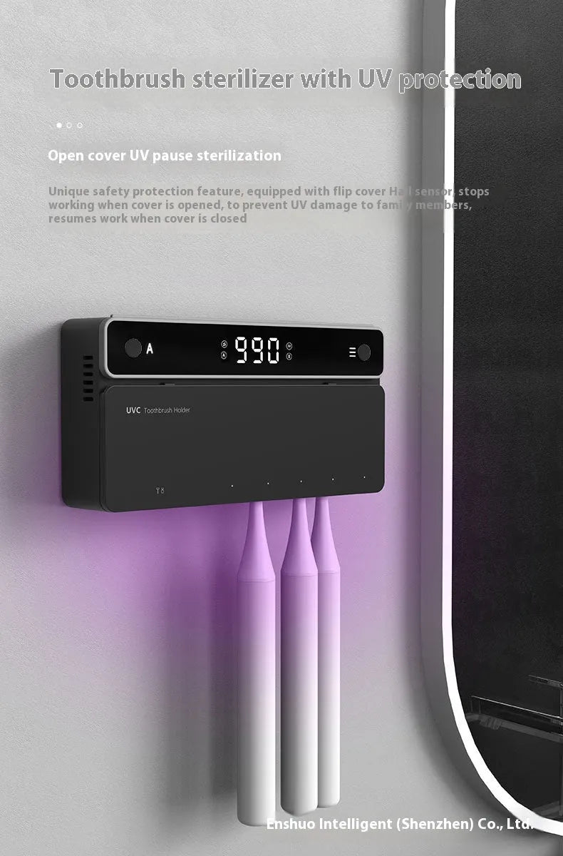 Black toothbrush sterilizer with UV disinfection and automatic drying, wall-mounted on tile with drill-free adhesive