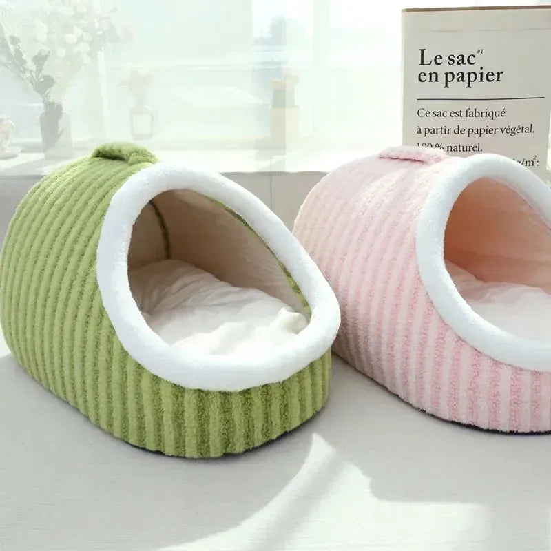 Thickened 3D dog cat bed with removable sponge insert in striped blue fabric