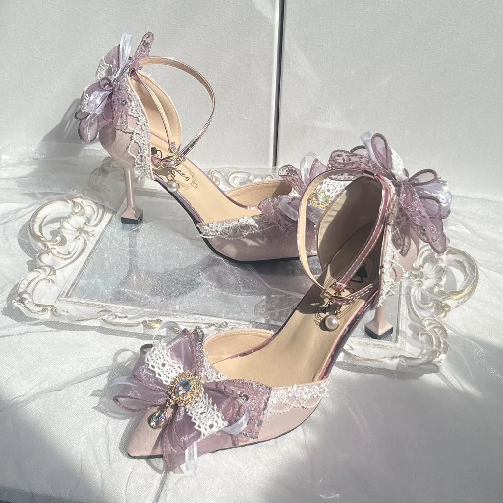 Purple satin Lolita wedding shoes with square toe brackets and stiletto heels
