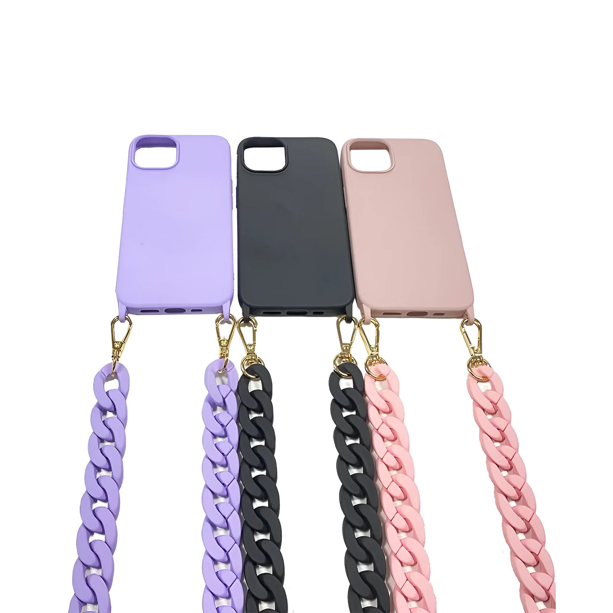 Frosted handle chain shoulder phone cover in liquid silicone for iPhone, shown in pink, purple and black