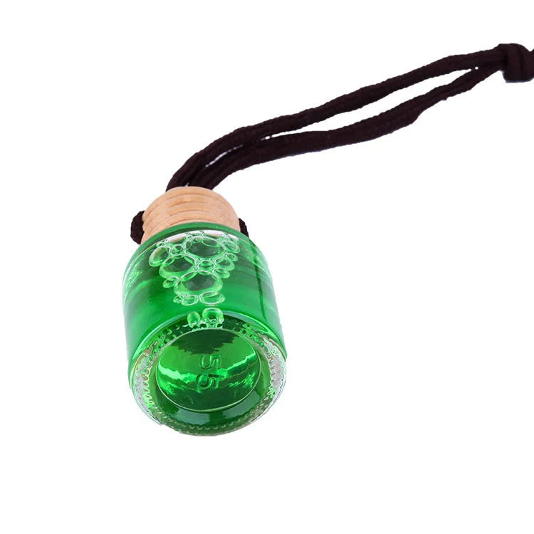 Glass bottle car air freshener hanging ornament with 55g fragrance options including lavender, lemon, apple, strawberry, ocean, and floral scents