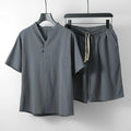 Men's loose linen two-piece clothing set with short sleeves and matching shorts in five colour options