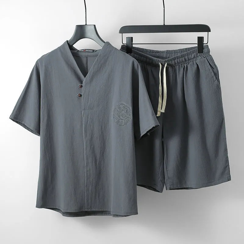 Men's loose linen two-piece clothing set with short sleeves and matching shorts in five colour options