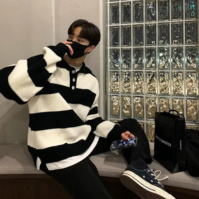 Men's loose fit striped pullover sweater in black and grey colours with long sleeves