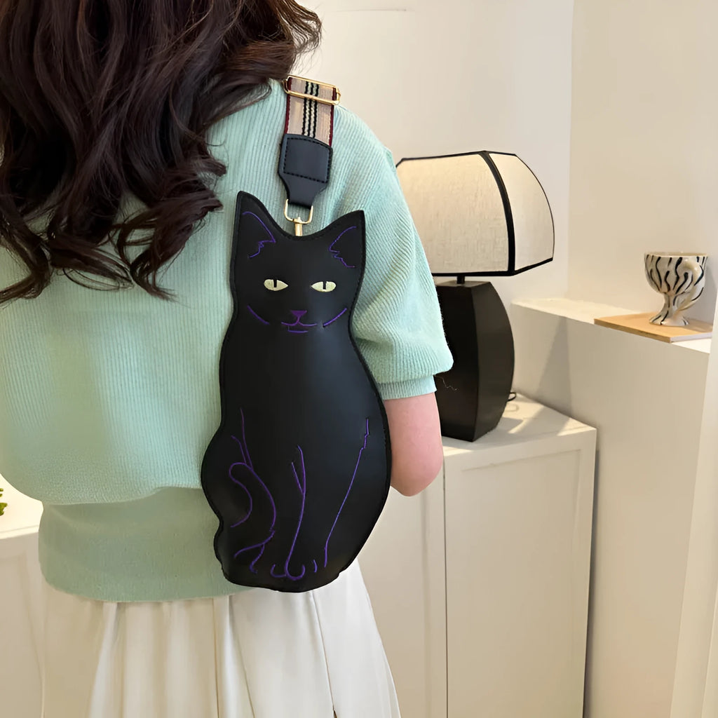 Cute cat print women's chest bag in soft PU, gray colour, with double strap connectors and canvas lining
