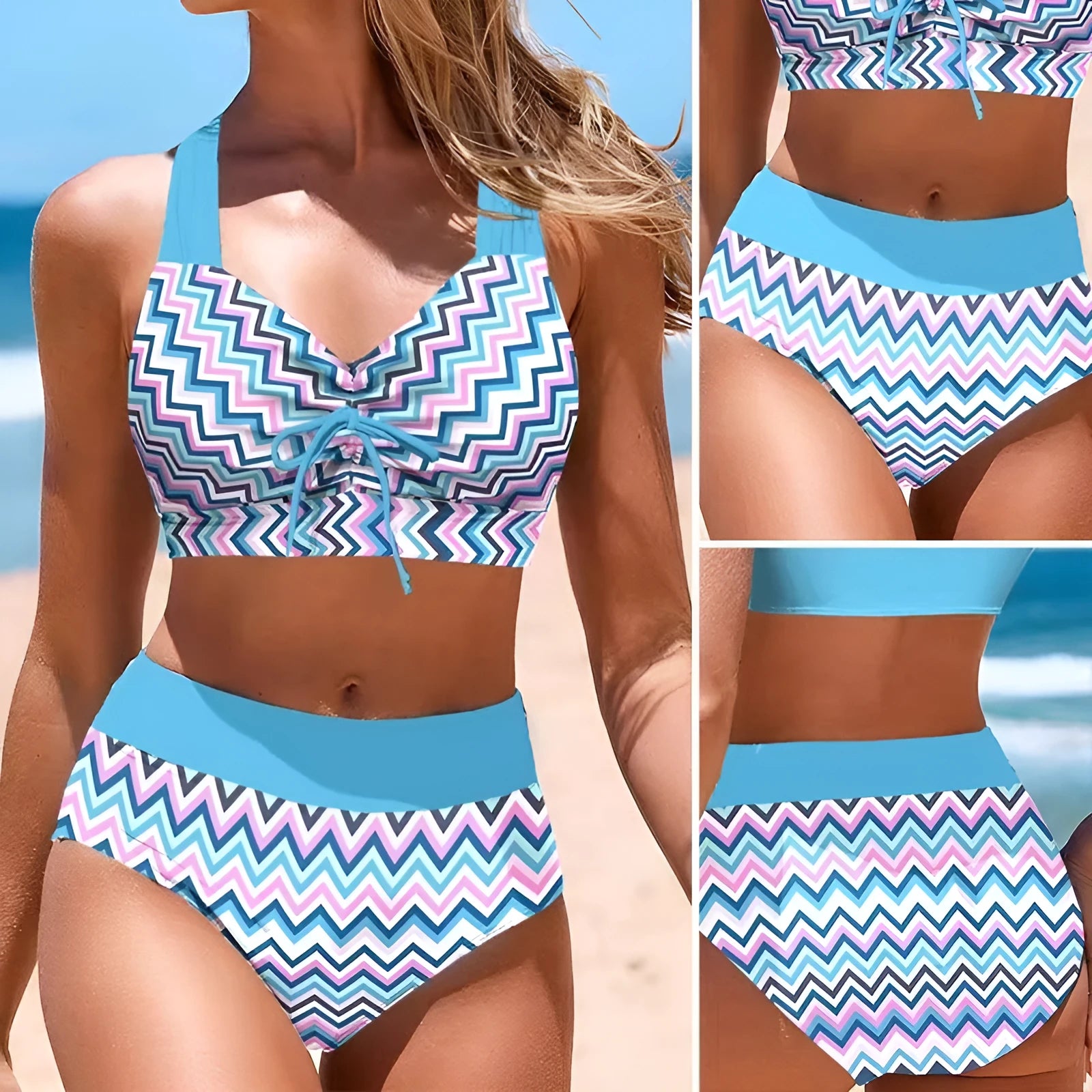 Blue solid colour women's cross sling split swimsuit bikini set on a mannequin.