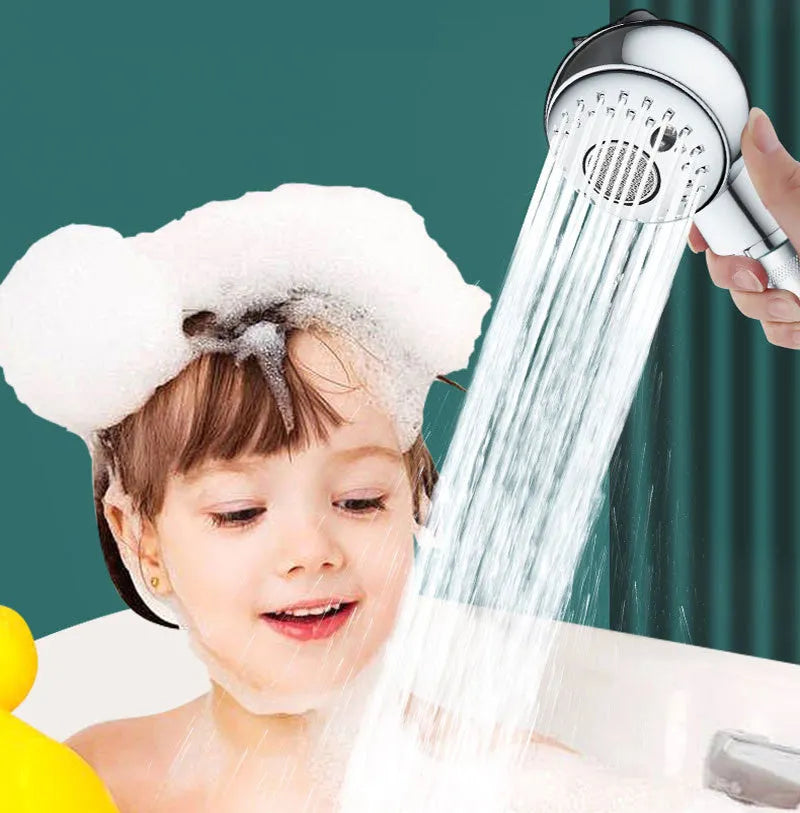 Silver handheld shower head for gentle pet and baby bathing with non-pressurized water flow
