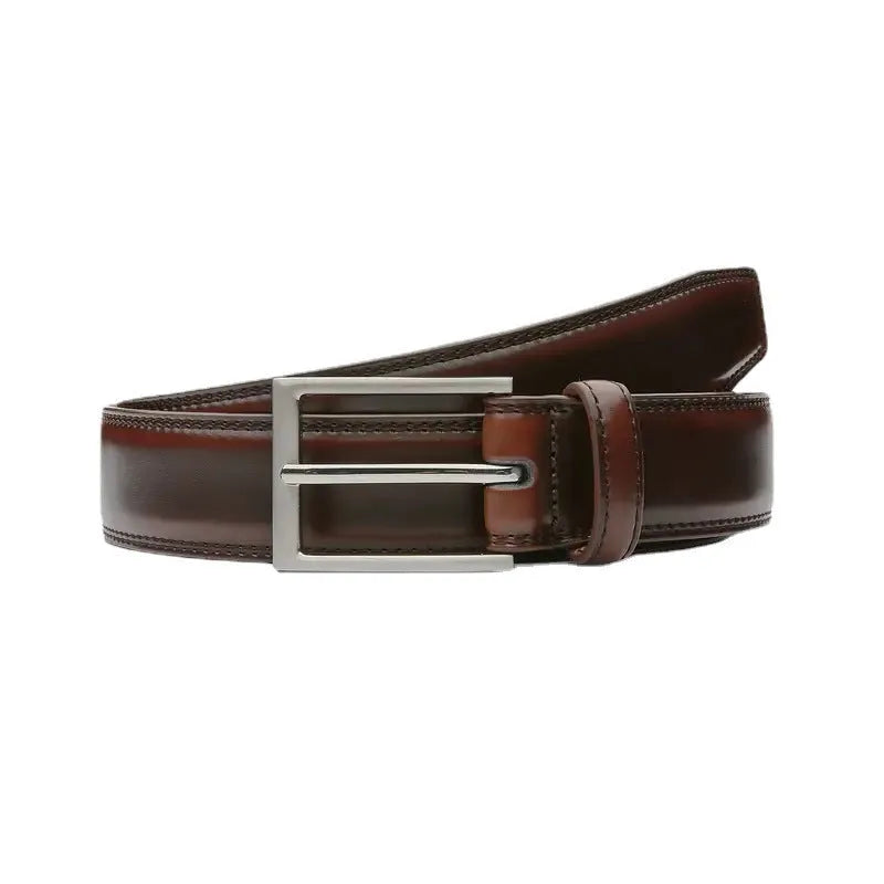 Men's brown genuine leather belt with wild 95 pattern and silver alloy buckle laid flat.