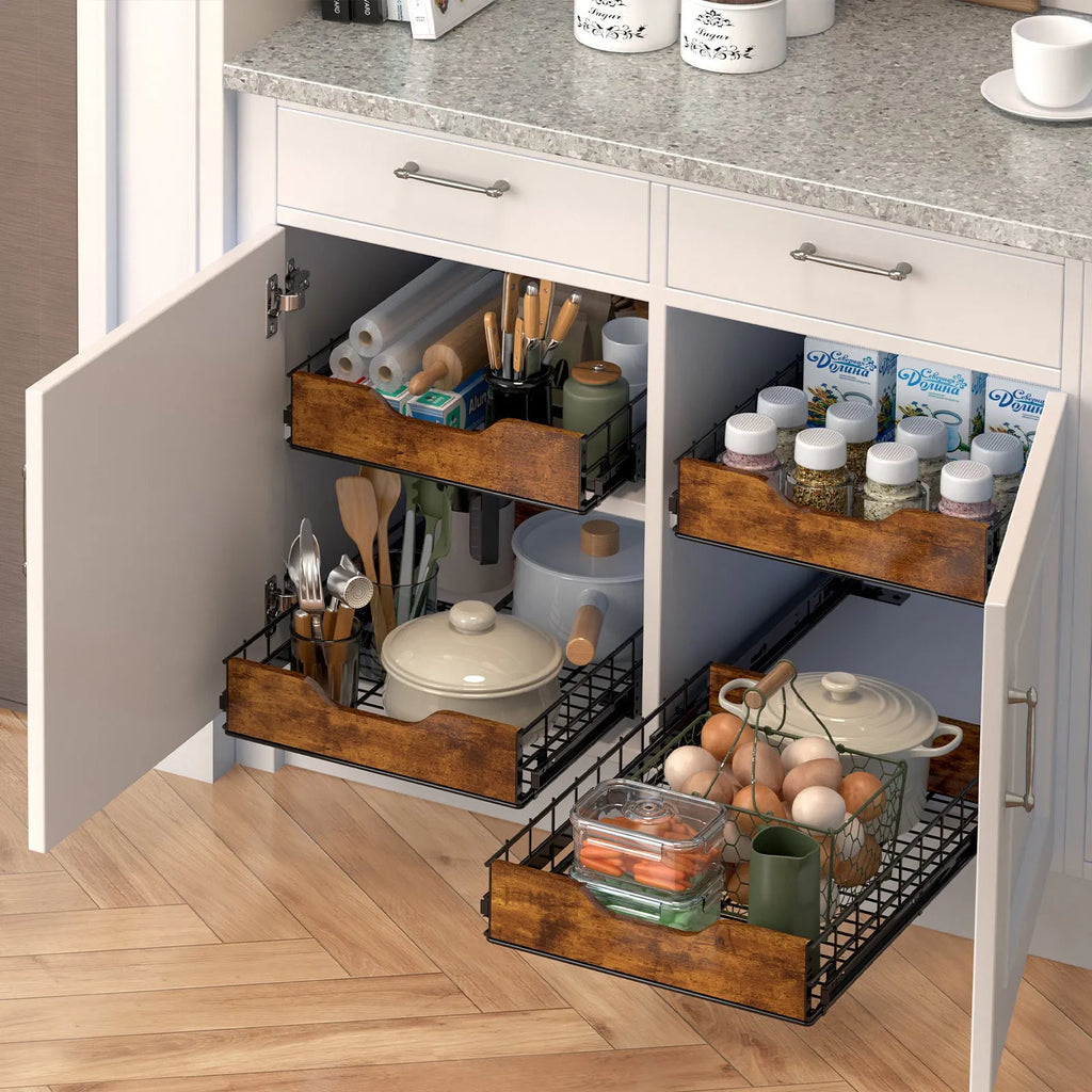 Black household storage rack with pull baskets made from wood and iron