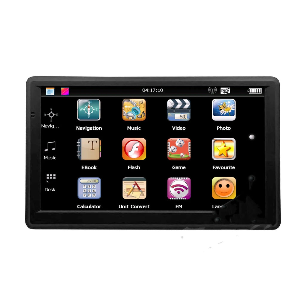 7-inch car GPS navigation device with touch screen display showing map route guidance