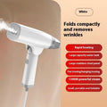 Blue and white handheld garment steamer with power cord and water tank.