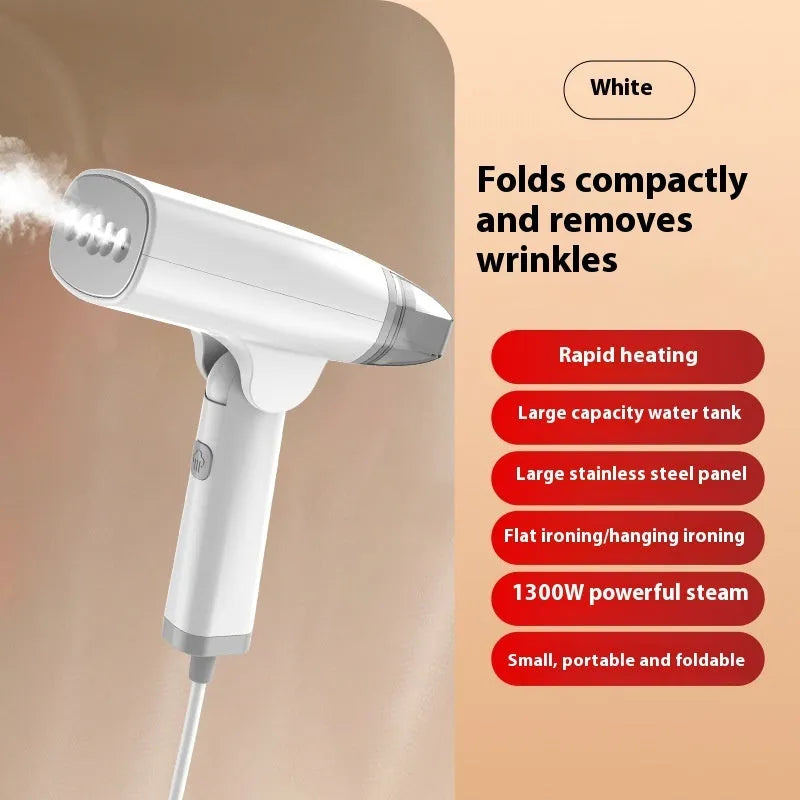 Blue and white handheld garment steamer with power cord and water tank.
