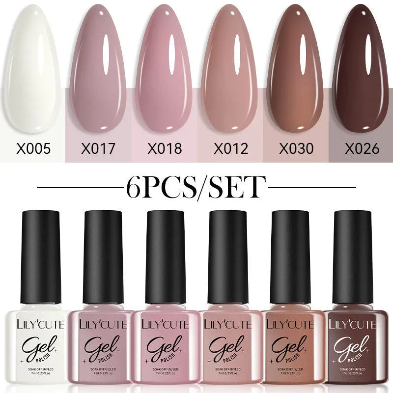 UV gel nail polish set showing 20 solid colour bottles including nude, glitter and sequin finishes