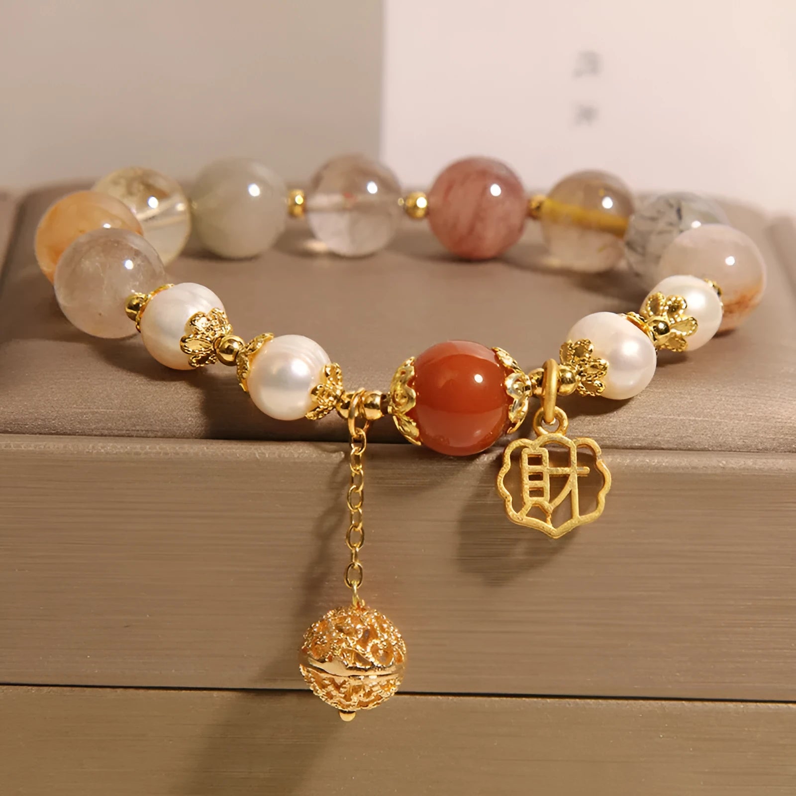Women's adjustable crystal pearl bracelet with colourful beads and Chinese character charm