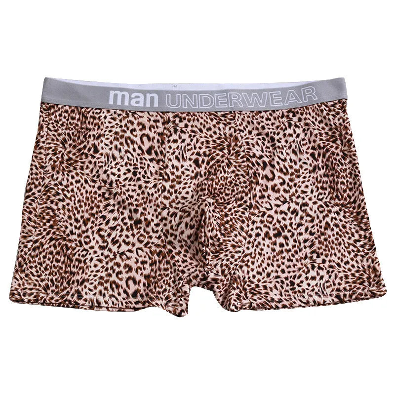 Men's leopard print underwear in polyester fabric with mid-waist design for large sizes