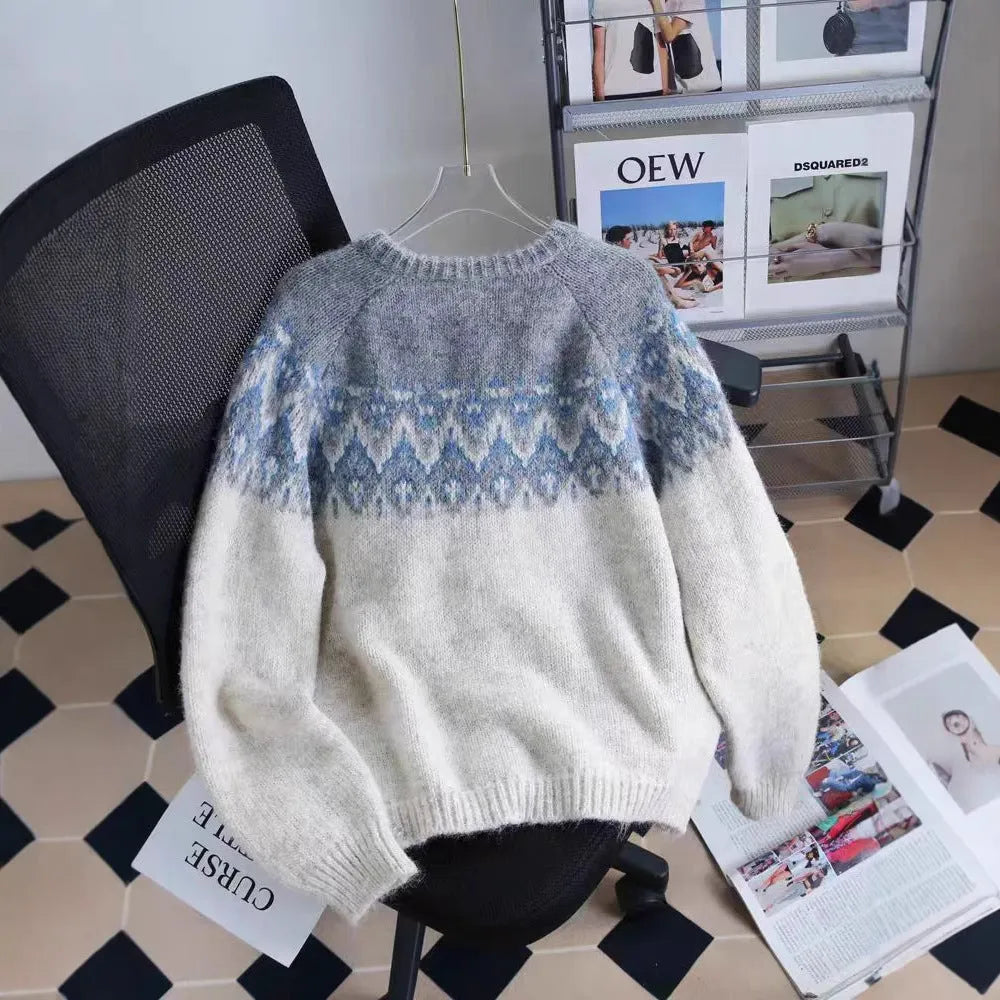 Women's loose fit contrast jacquard sweater coat in milky white, shown front view