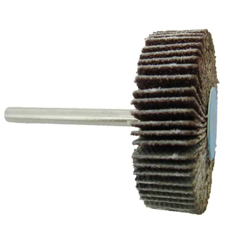 Shutter grinding head with handle, 80 grit louver abrasive cloth wheel, 32mm outer diameter and 2mm inner diameter.