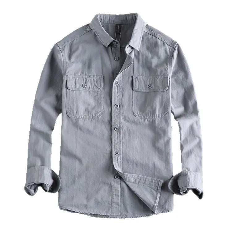 Men's loose fit long sleeve overalls shirt in polyester fabric with cardigan style front