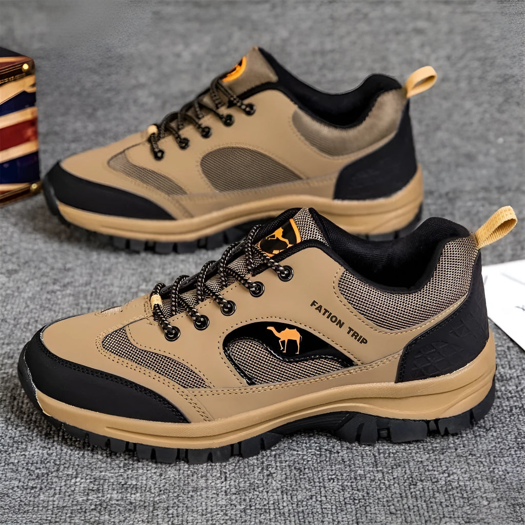 Men's outdoor hiking shoes with wear-resistant sole, low top, front lace-up, artificial leather upper, in black, green, and khaki colours