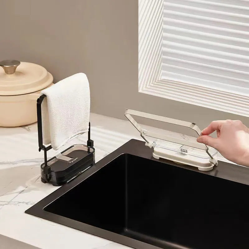 Dark green gold kitchen sink filter rack with suction cups and disposable filter screens on stainless steel sink