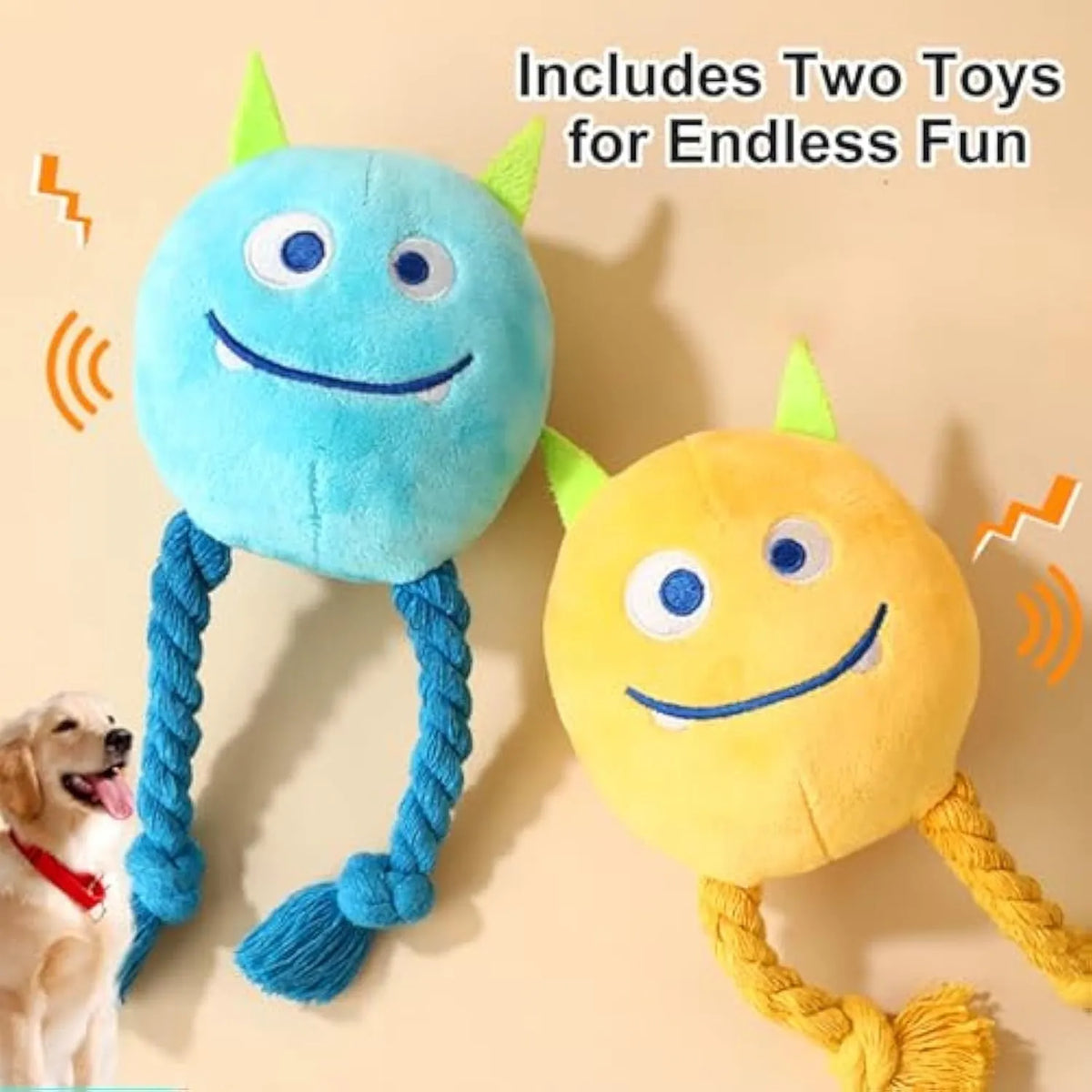 Two squeaky rope plush dog toys in blue and yellow colours for small and medium breed dogs