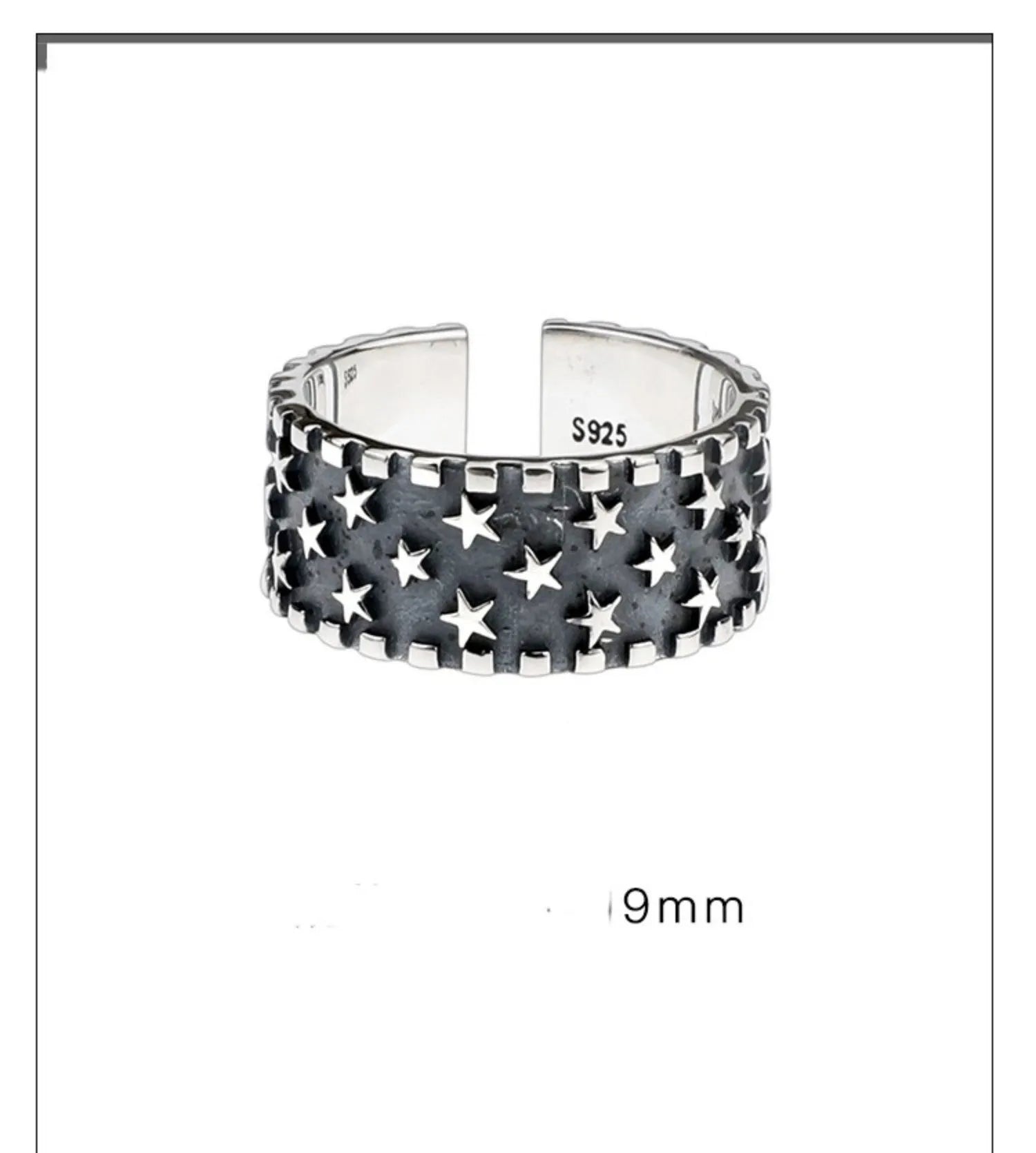 Adjustable opening sterling silver ring with a multi five-pointed star geometric pattern.