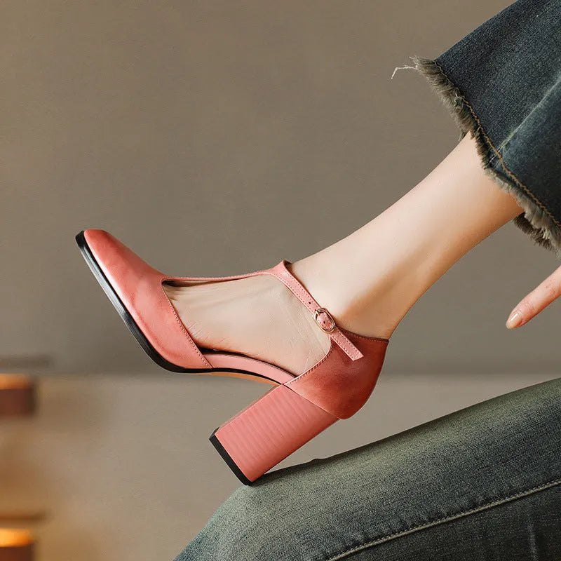 Women's dark brown retro pointed toe Mary Jane shoes with a buckle fastening on a cowhide leather upper.