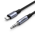 Black Apple Lightning to 3.5mm audio adapter cable with braided fabric and aluminum connector shell.