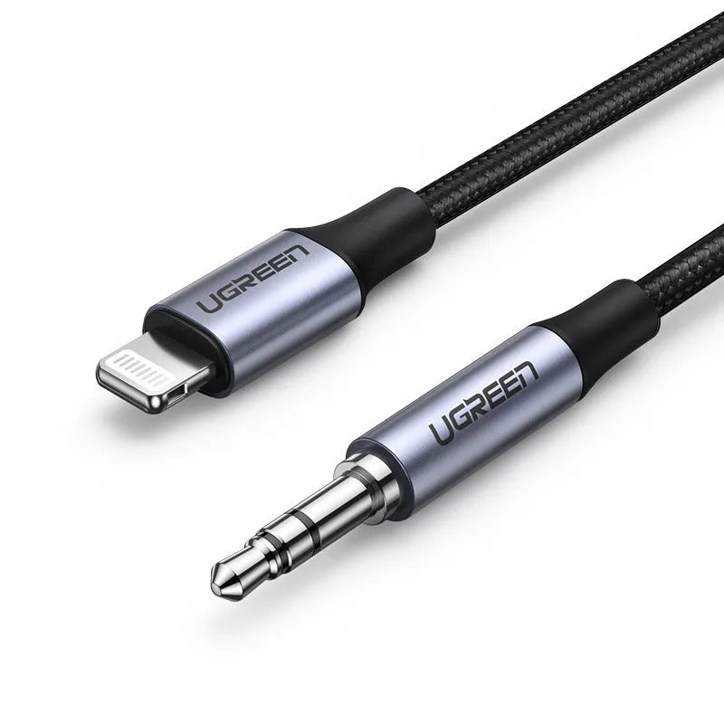 Black Apple Lightning to 3.5mm audio adapter cable with braided fabric and aluminum connector shell.