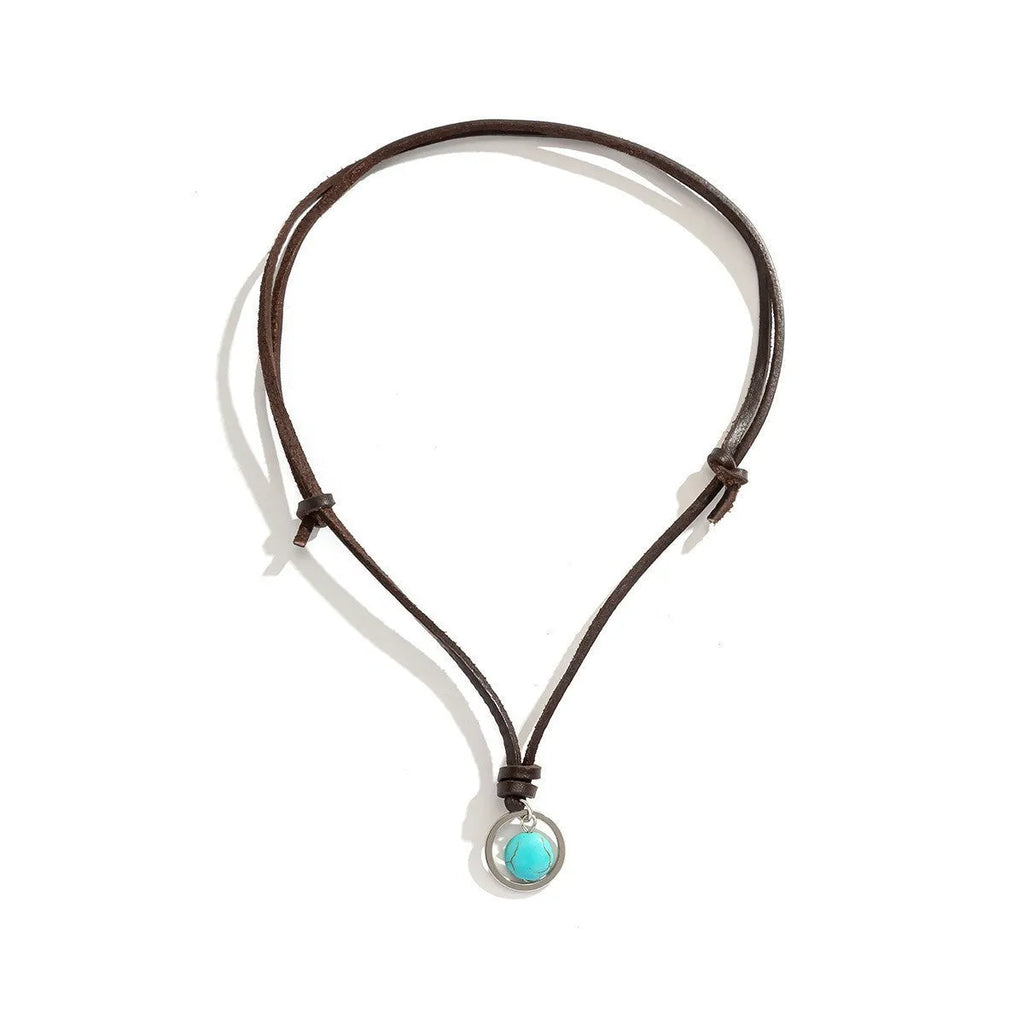 Retro handmade green turquoise stone pendant necklace on adjustable black rope chain