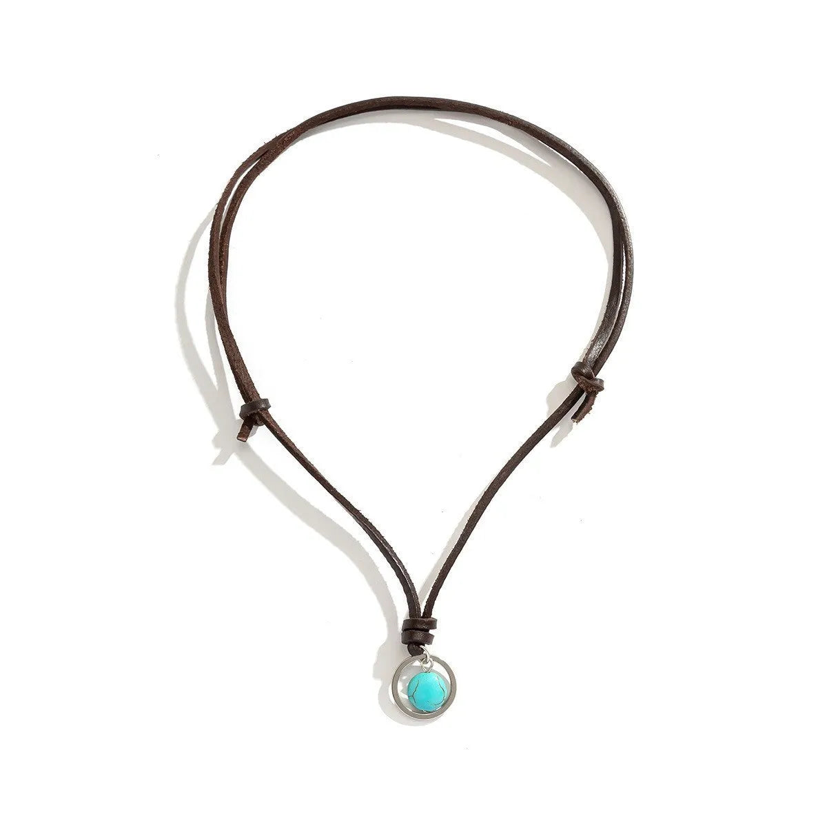 Retro handmade green turquoise stone pendant necklace on adjustable black rope chain