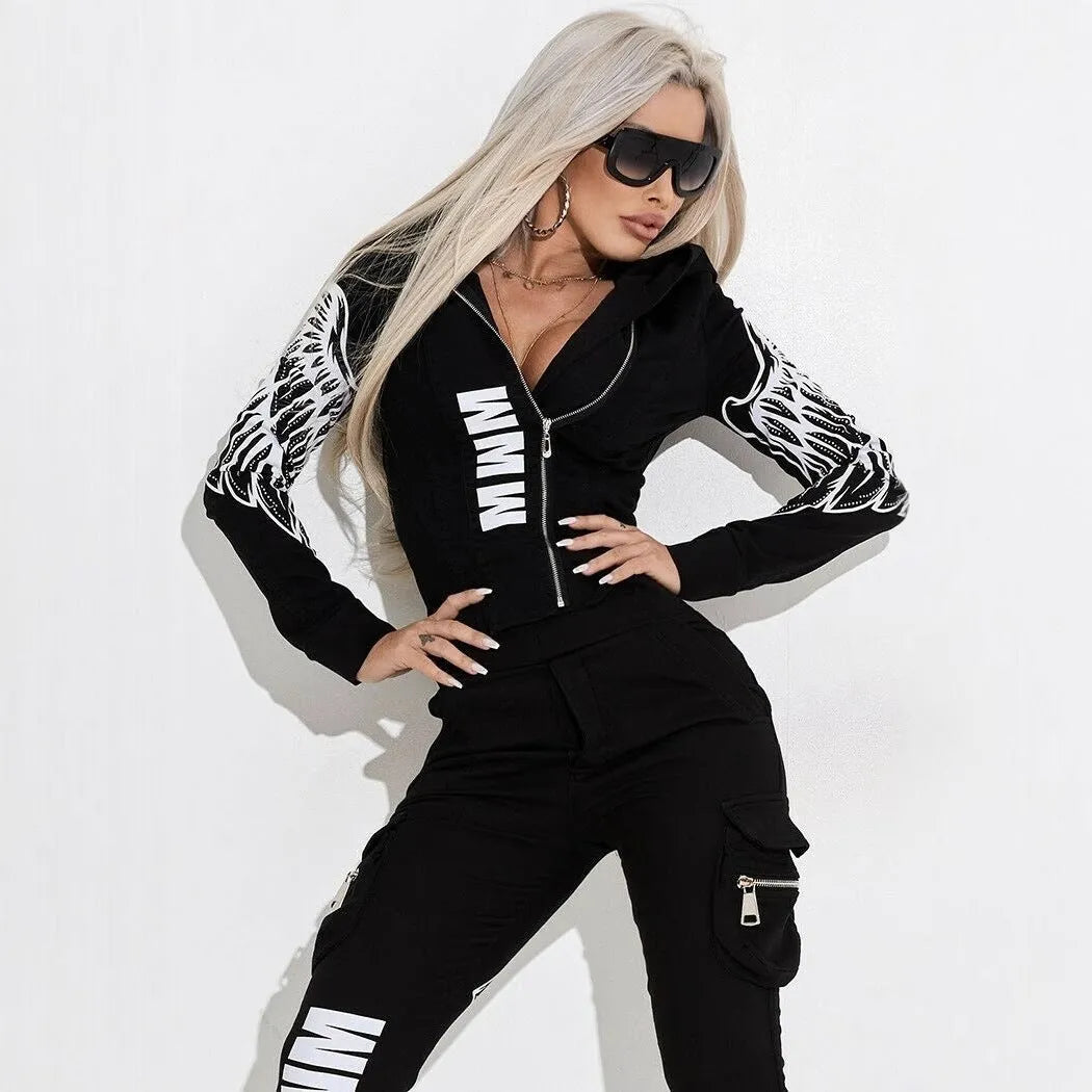 Black women's casual suit with wings printing, featuring zip-up hooded top and matching trousers