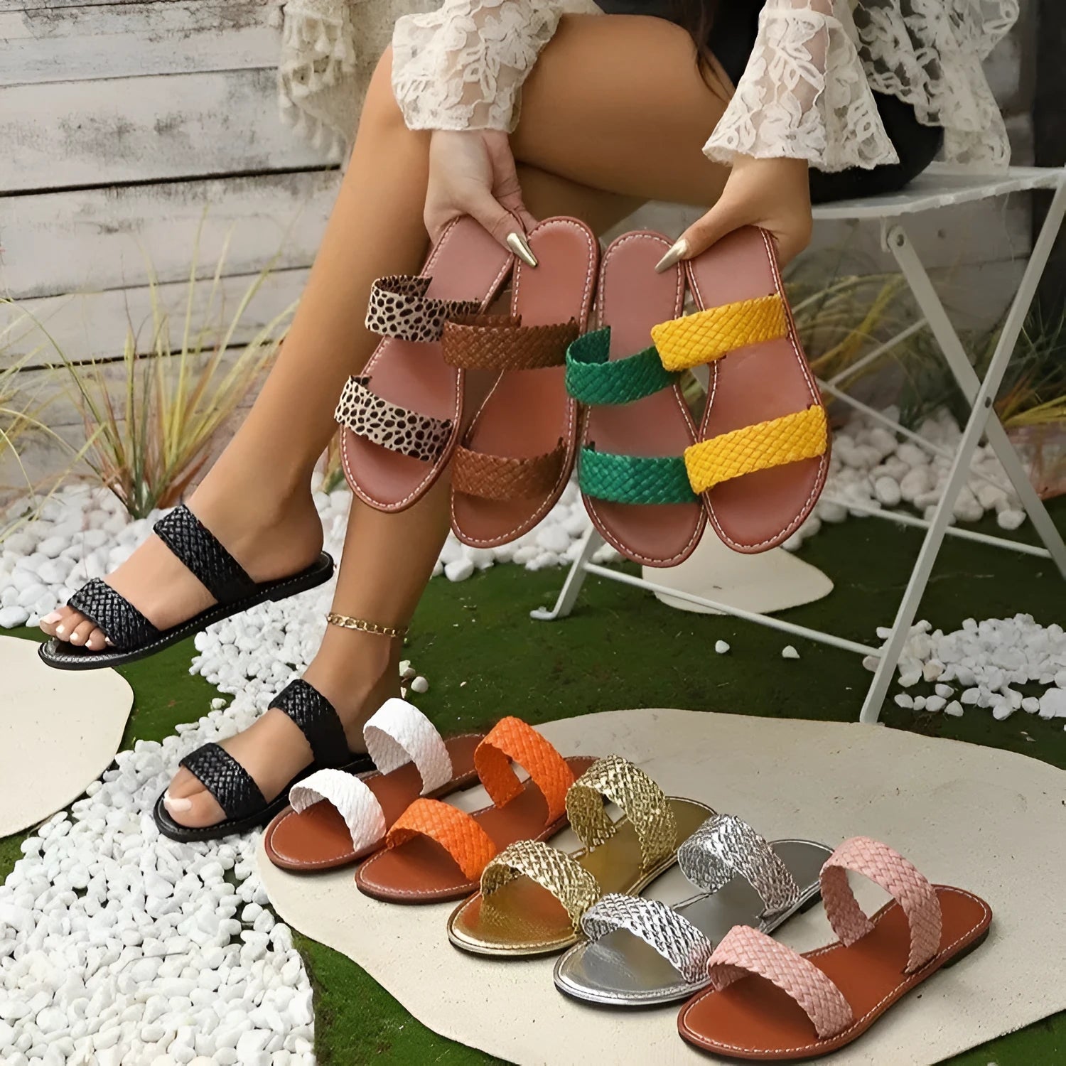 Plus size women's woven beach slippers in multiple colours with PVC sole