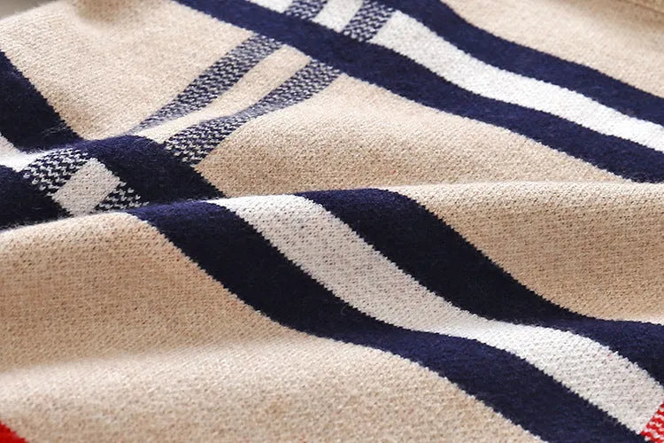 Boys apricot and navy blue plaid jacquard cotton sweater with long sleeves
