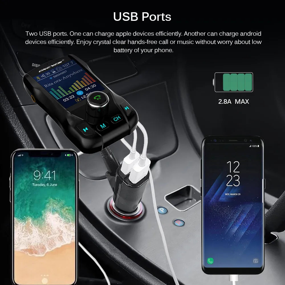 Black car FM transmitter with Bluetooth and a colour screen, showing dual USB ports and a flexible hose.
