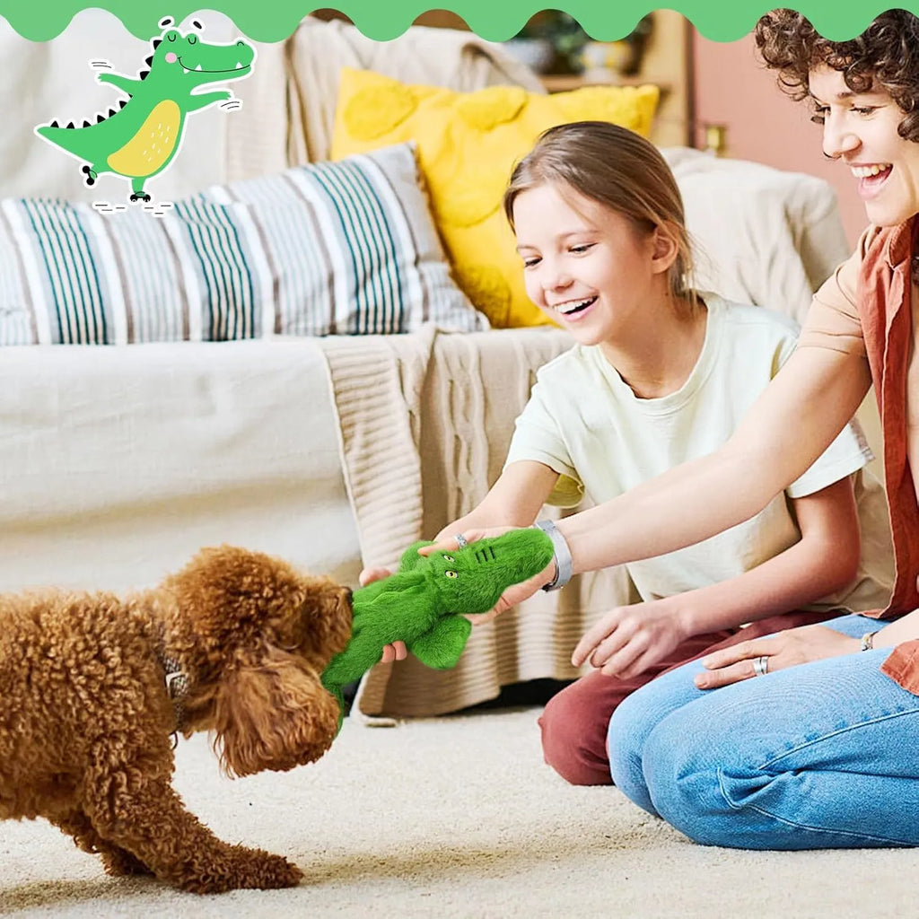 Green crocodile-shaped plush dog toy with no stuffing for safe chewing