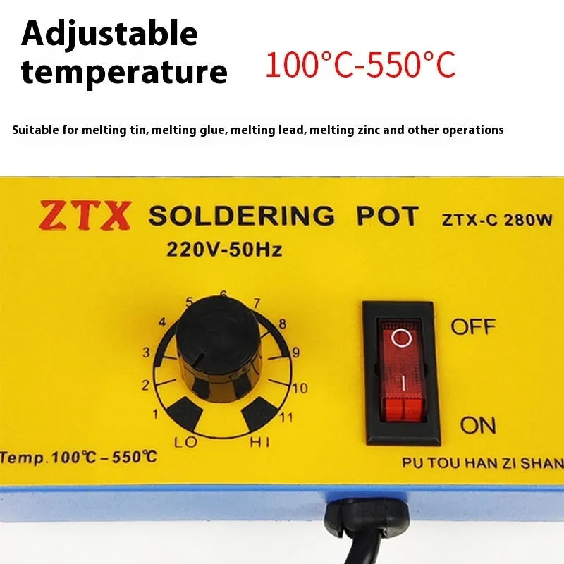 Desktop tin melting furnace with temperature control dial and titanium-plated construction for soldering applications