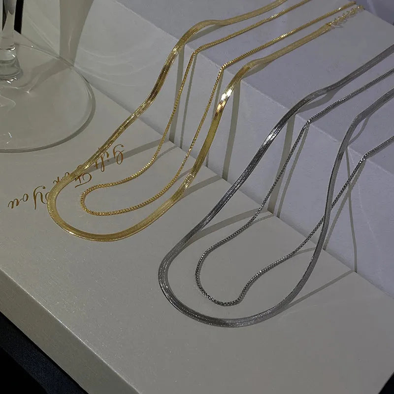 Double layer snake bone sterling silver necklace for women, gold and platinum finishes, adjustable length