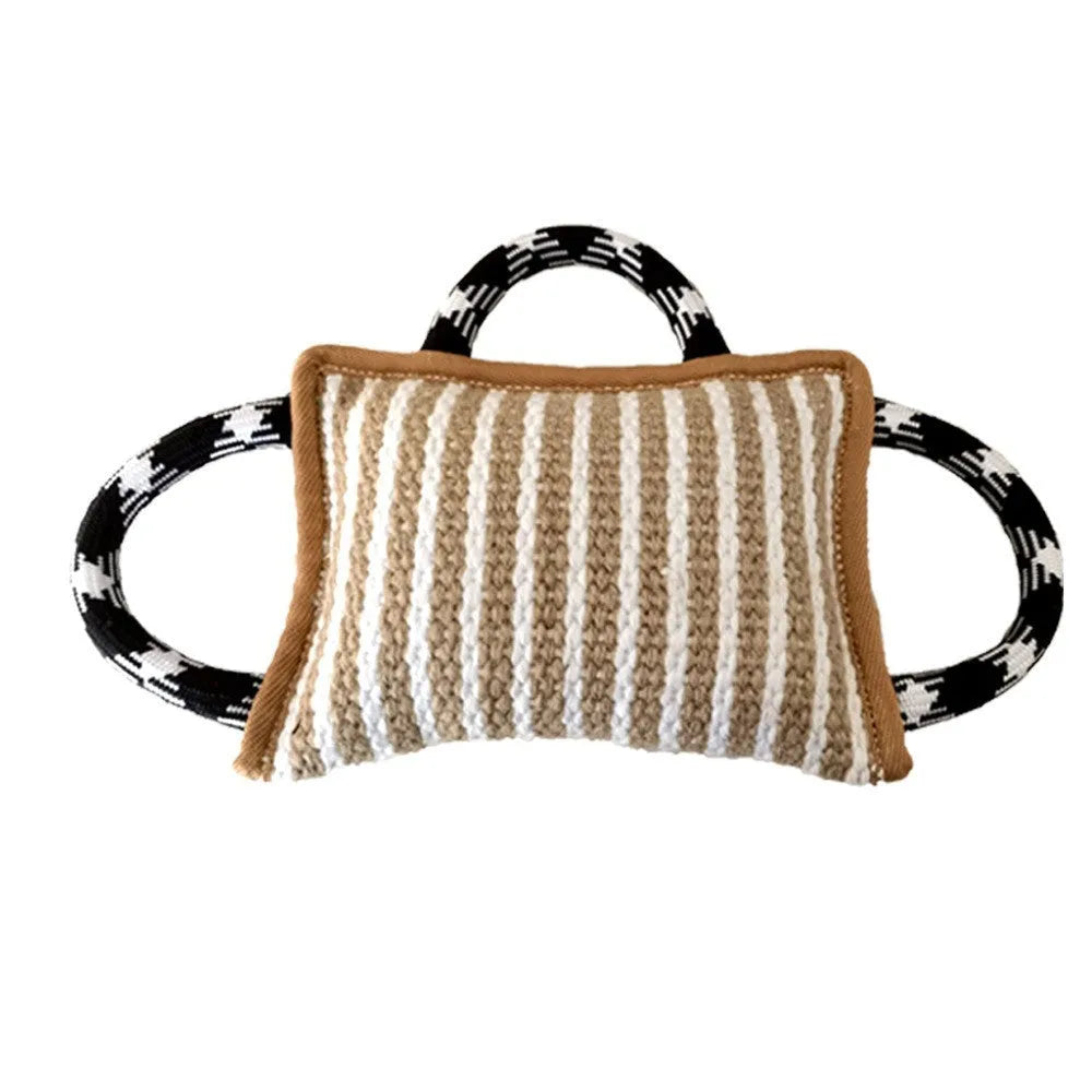 Jute dog tug toy bite pillow with three rope handles in assorted colours