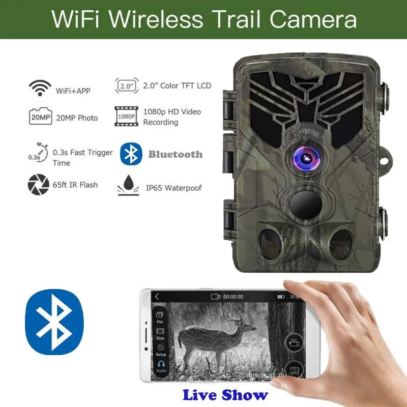 Wifi830 trail camera with camouflage pattern showing lens, infrared LEDs, and belt mount