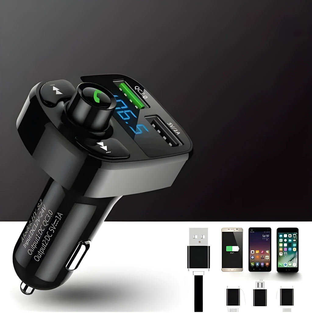 Modern car charger in black with MP3 playback and 3.1A USB output