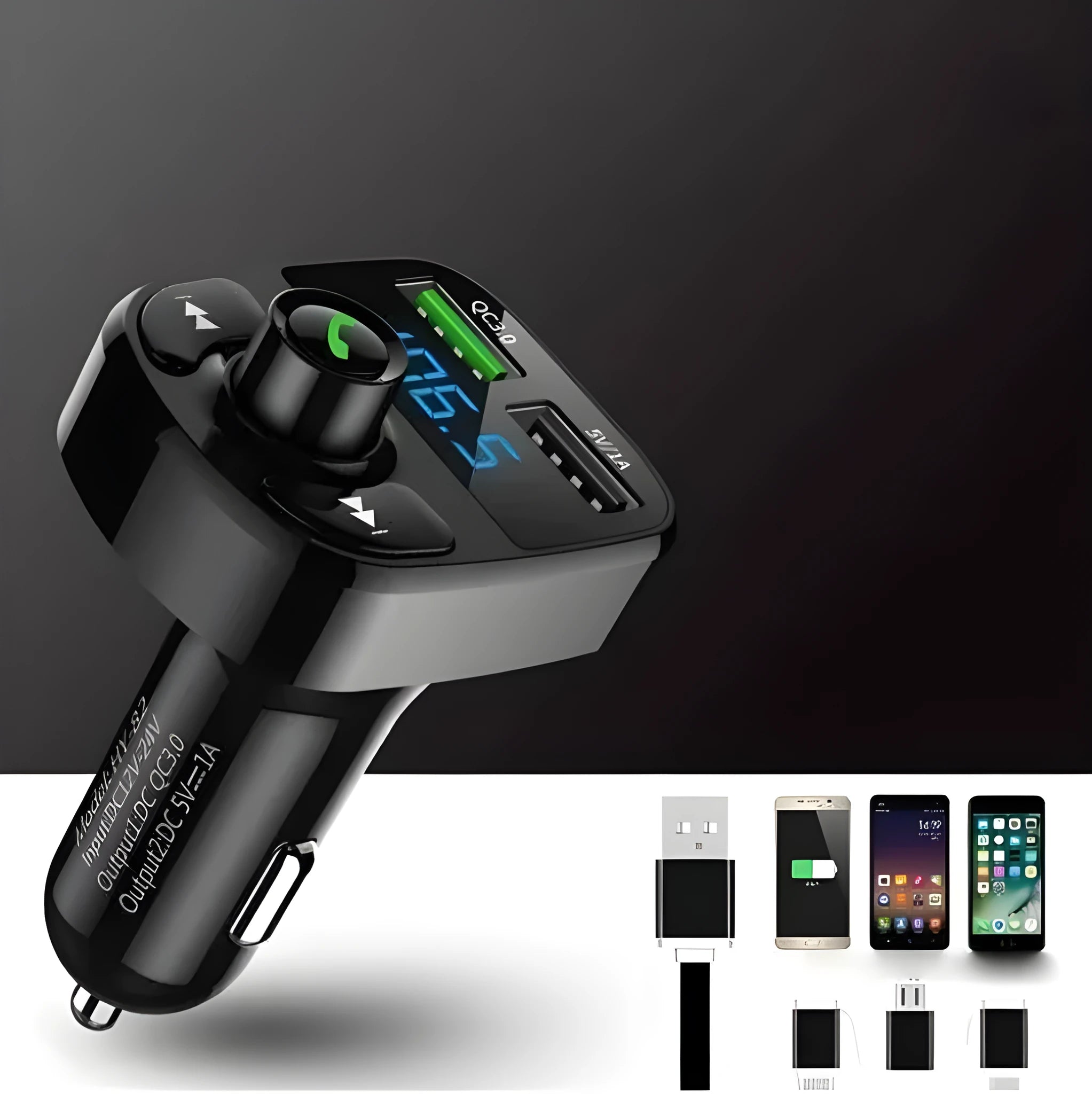 Modern car charger in black with MP3 playback and 3.1A USB output