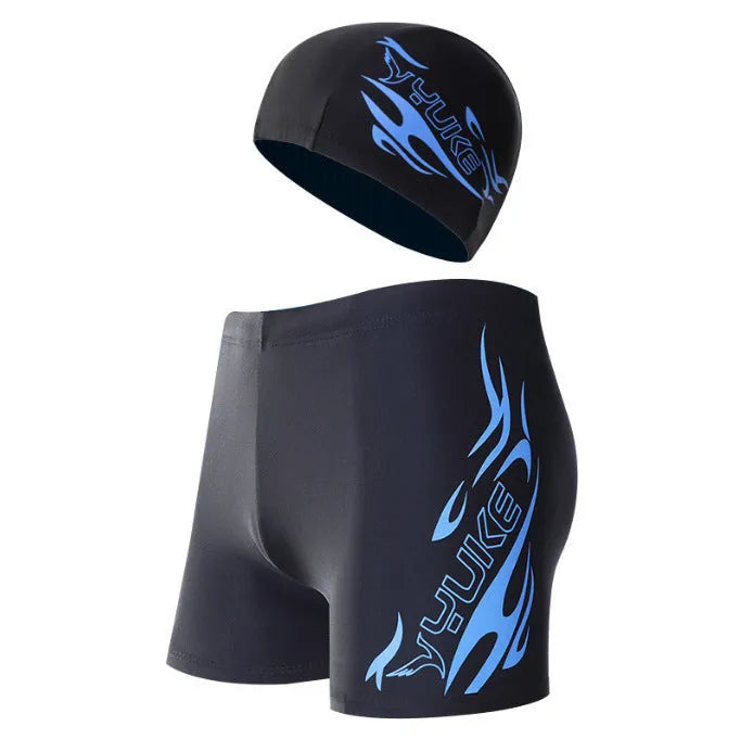 Men's plus size boxer swimming trunks with matching cap in fire pattern design