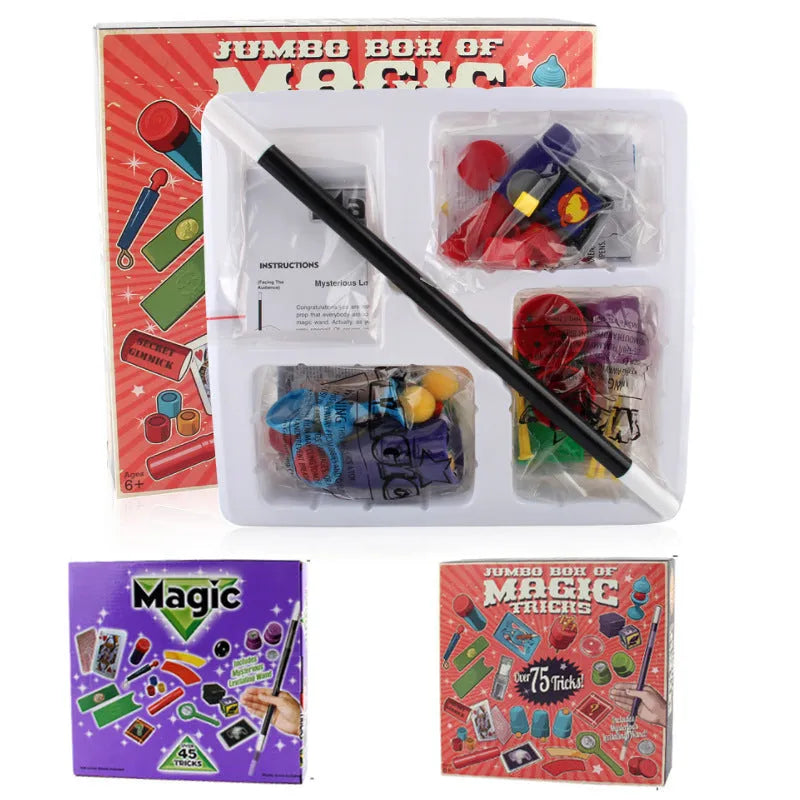 Purple and red plastic magic toy prop set for children aged 3-7 in carton packaging