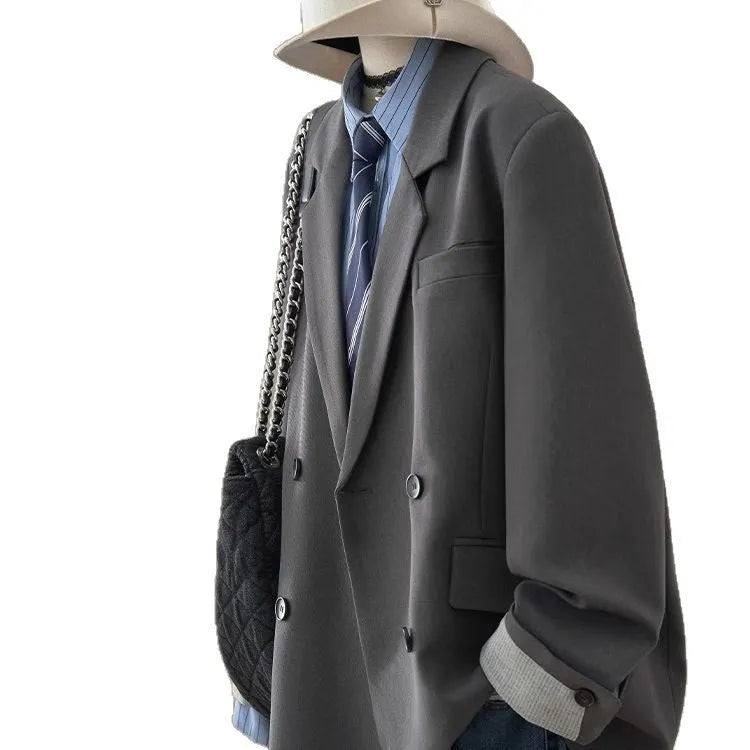 Casual loose slimming retro jacket with pockets in gray, made from polyester, front view