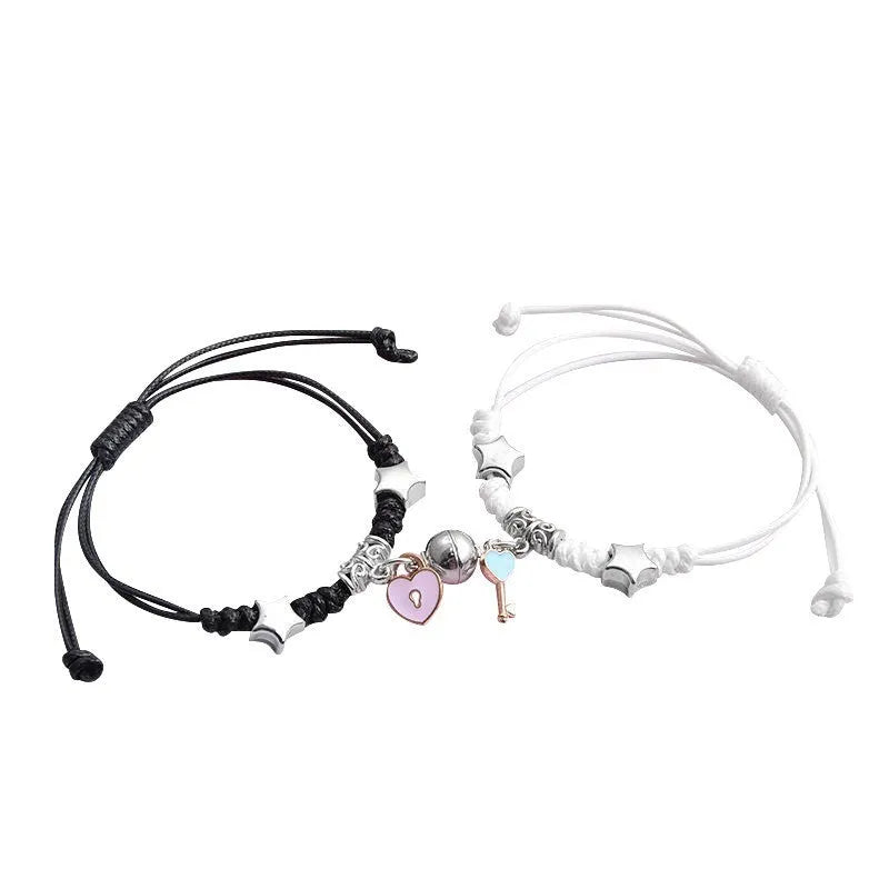 Pair of adjustable alloy magnet bracelets showing designs like a golden key lock, clover, and T5201314 code.