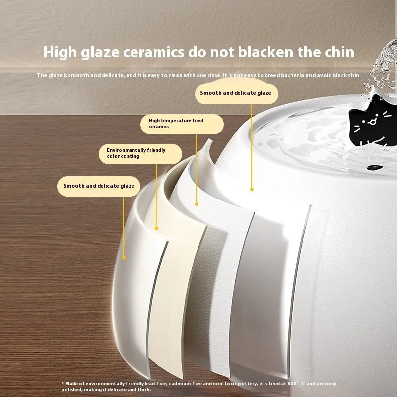 Cartoon kitty ceramic pet water fountain in white or black, 1L or 1.5L, for cats and small dogs