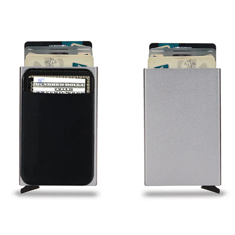 Slim frosted aluminium alloy credit card holder in chosen colour, showing compact size.