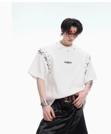 Black deconstruction lace-up cutout short sleeve t-shirt on a hanger