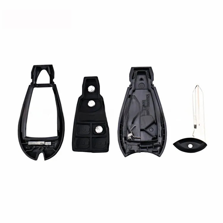 Blank nylon and ABS brass replacement car key shell for Dodge Chrysler smart keys, 85mm long.